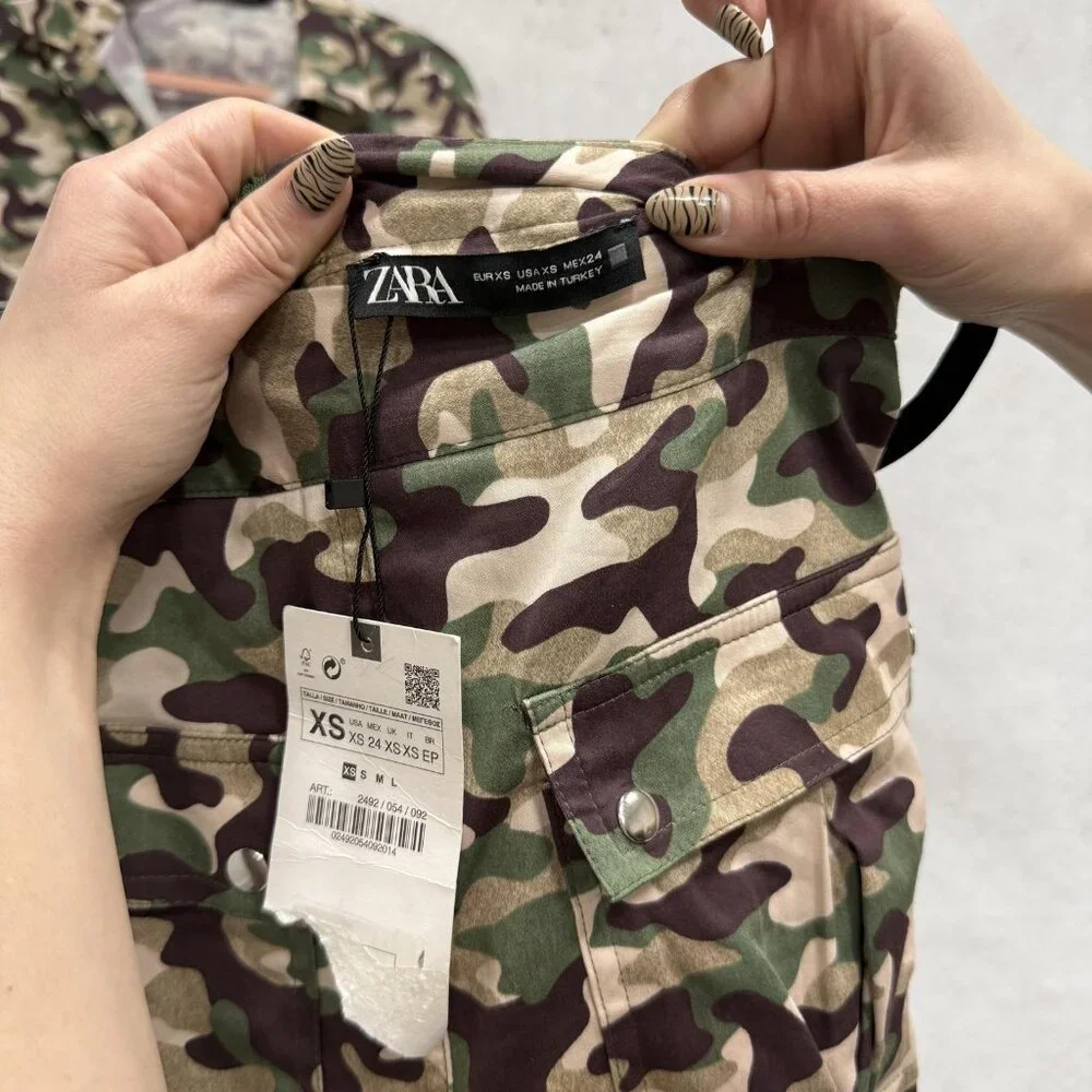 Zara Camo Shirt Skirt Set Womens XS Green Camouflage 2 Piece Military Utility - Picture 3 of 16